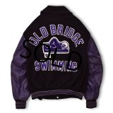 【USA製】【ビンテージ】【FORDHAM】【OLD BRIDGE SWIMMING】【黒×紫】【メルトン×レザー】【スタジャン】【サイズＸＸＬ】 