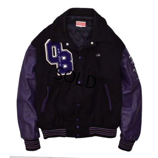 画像4: 【USA製】【ビンテージ】【FORDHAM】【OLD BRIDGE SWIMMING】【黒×紫】【メルトン×レザー】【スタジャン】【サイズXXL】