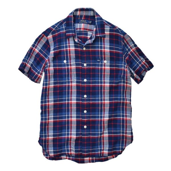 画像1: 【ラルフローレン】【青×赤×白チェック】【S/Sシャツ】【半袖シャツ】【サイズM】  