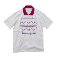 90's【ビンテージ】USA製 Hane's【ヘインズ】【白×ピンク】【TENNIS】【テニスラケット】【襟付き】【Ｔシャツ】【サイズＬ】  