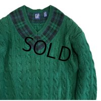 90's【ビンテージ】【オールドギャップ】【GAP】【緑×チェック】【Vネック】【コットンセーター】レディース古着【サイズＭ】 