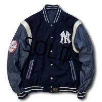 ビンテージ【MLB】【ＮＹヤンキース】【JH DESIGN】【紺】【メルトン×レザー】スタジャン【サイズXＬ】 