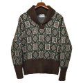 【ビンテージ】【Silton Knits】モヘア？アクリル【ブラウン×白×緑】【模様】【ショールカラーセーター】【サイズＬ】 