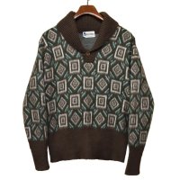 【ビンテージ】【Silton Knits】モヘア？アクリル【ブラウン×白×緑】【模様】【ショールカラーセーター】【サイズＬ】 