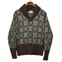 【ビンテージ】【Silton Knits】モヘア？アクリル【ブラウン×白×緑】【模様】【ショールカラーセーター】【サイズＬ】 