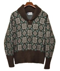 【ビンテージ】【Silton Knits】モヘア？アクリル【ブラウン×白×緑】【模様】【ショールカラーセーター】【サイズＬ】 