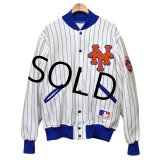 程度良好!! 90's【ビンテージ】USA製【MLB】【ＮＹメッツ】【ストライプ柄】【スウェットスタジャン】スタジャン【サイズＬ】 
