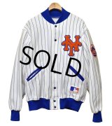程度良好!! 90's【ビンテージ】USA製【MLB】【ＮＹメッツ】【ストライプ柄】【スウェットスタジャン】スタジャン【サイズＬ】 