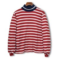 【USA製】【ビンテージ】【ランズエンド】【LANDS' END】【赤×白ボーダー】【紺襟】【ハイネックロンＴ】【レディース古着】【サイズＬ】 