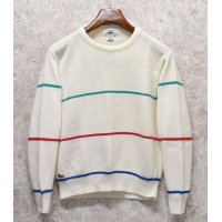 USA製【Lacoste】ラコステ【白ｘ緑青赤ライン入り】【アクリルセーター】【レディース古着】【サイズＬ】 