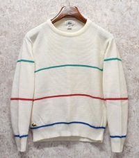 USA製【Lacoste】ラコステ【白ｘ緑青赤ライン入り】【アクリルセーター】【レディース古着】【サイズＬ】 