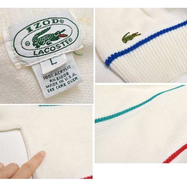 画像2: USA製【Lacoste】ラコステ【白ｘ緑青赤ライン入り】【アクリルセーター】【レディース古着】【サイズＬ】 