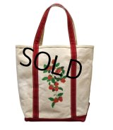 【ビンテージ】【L.L.bean】【エルエルビーン】白ｘ赤【耳付き】【イチゴプリント】【トートバッグ】 