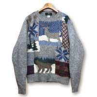 ビンテージ【ORVIS】オービス【ニット】【セーター】【ライトグレー】【雪と動物プリント】【サイズXL】 