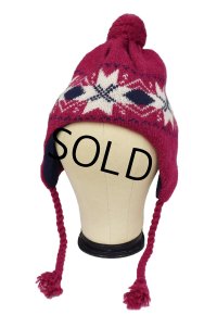 【ビンテージ】【L.L.bean】エンジ×雪柄【耳当て付】【ニットキャップ】 【ニット帽】  