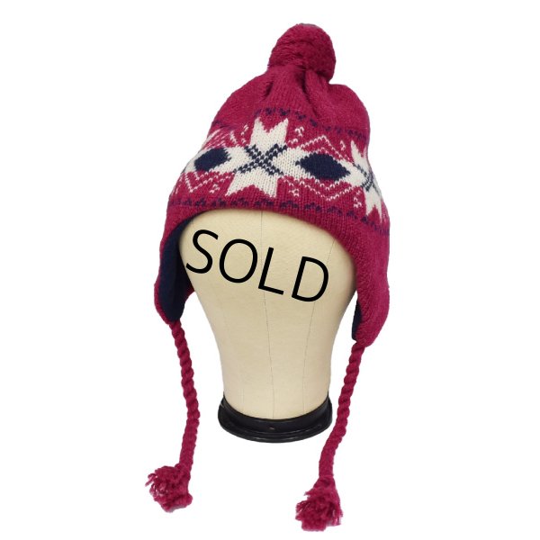 画像1: 【ビンテージ】【L.L.bean】エンジ×雪柄【耳当て付】【ニットキャップ】 【ニット帽】  