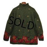 【ビンテージ】【L.L.bean】【エルエルビーン】【モスグリーン】花柄【モックネック】【ウールセーター】レディース古着【レディースL】 