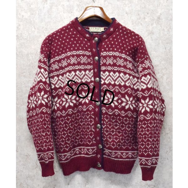 画像1: ビンテージ【USA製】【l.l.bean】エルエルビーン【バーズアイ】【雪柄】カーディガン【ウールカーディガン】【レディース古着】【サイズＬ】 