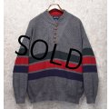90’s~ USA製【ビンテージ】【ランズエンド】【LANDS' END】【グレー】【 緑×赤×紺ライン】【ヘンリーネックセーター】【サイズＬ】 