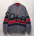 90’s~ USA製【ビンテージ】【ランズエンド】【LANDS' END】【グレー】【 緑×赤×紺ライン】【ヘンリーネックセーター】【サイズＬ】 
