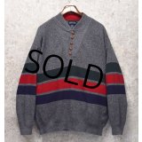 90’s~ USA製【ビンテージ】【ランズエンド】【LANDS' END】【グレー】【 緑×赤×紺ライン】【ヘンリーネックセーター】【サイズＬ】 