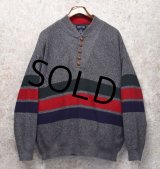 90’s~ USA製【ビンテージ】【ランズエンド】【LANDS' END】【グレー】【 緑×赤×紺ライン】【ヘンリーネックセーター】【サイズＬ】 