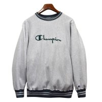 【90's】【USA製】ビンテージ【Champion】【チャンピオン】【リバースウィーブ】【グレーｘ緑リブライン】【ロゴスウェット】【サイズXL】 