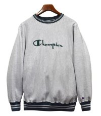 【90's】【USA製】ビンテージ【Champion】【チャンピオン】【リバースウィーブ】【グレーｘ緑リブライン】【ロゴスウェット】【サイズXL】 