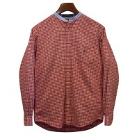  【トミーヒルフィガー】【赤チェック】【バンドカラーシャツ】【サイズL】レディース古着  