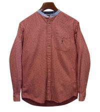  【トミーヒルフィガー】【赤チェック】【バンドカラーシャツ】【サイズL】レディース古着  