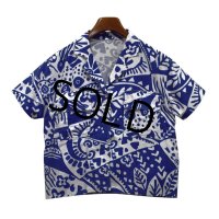 【ビンテージ】【青x白】【アロハシャツ】【半袖シャツ】【レディース古着】【サイズL程度】 