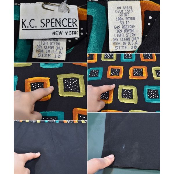 画像2: 【USA製】ビンテージ【K.C. SPENCER】K.C.スペンサー【黒】四角模様【レーヨンワンピース】レディース古着【サイズ10】 