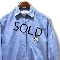 【ビンテージ】【JHR BASICS】猫 刺繍入り【シャンブレーシャツ】【サイズS】レディース古着 
