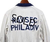 60's【ビンテージ】【NAVSEC PHILDIV】チェーンステッチ入り【白×青】ヘリンボーン【つなぎ】【オールインワン】【サイズ40】 
