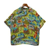 【ビンテージ】【HAWAII STYLE】黄緑ｘハイビスカス【レーヨンアロハシャツ】【半袖シャツ】【サイズＸＬ】 