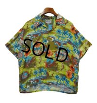 【ビンテージ】【HAWAII STYLE】黄緑ｘハイビスカス【レーヨンアロハシャツ】【半袖シャツ】【サイズＸＬ】 