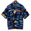 【デッドストック】【REYN SPOONER】【レインスプーナー】【黒×車プリント】レーヨン【アロハシャツ】半袖シャツ【サイズS】  