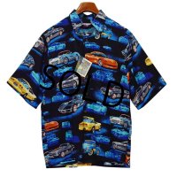【デッドストック】【REYN SPOONER】【レインスプーナー】【黒×車プリント】レーヨン【アロハシャツ】半袖シャツ【サイズS】  