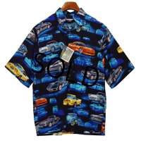 【デッドストック】【REYN SPOONER】【レインスプーナー】【黒×車プリント】レーヨン【アロハシャツ】半袖シャツ【サイズS】  