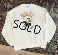 90's【USA製】【ビンテージ】【ラッセル】MIAMI HURRICANES マイアミハリケーンズ カレッジ フットボール フロッキープリント スウェット【サイズＸＬ】 