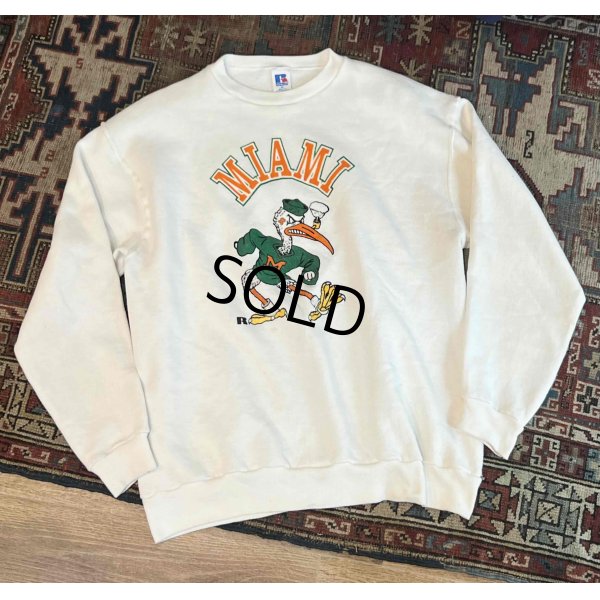 画像1: 90's【USA製】【ビンテージ】【ラッセル】MIAMI HURRICANES マイアミハリケーンズ カレッジ フットボール フロッキープリント スウェット【サイズＸＬ】 