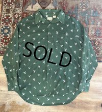 ~90's【USA製】ビンテージ【L.L.Bean 】【ＬＬビーン】【緑】【鳥総柄プリント】【コットンシャツ】【サイズＸＬ】 