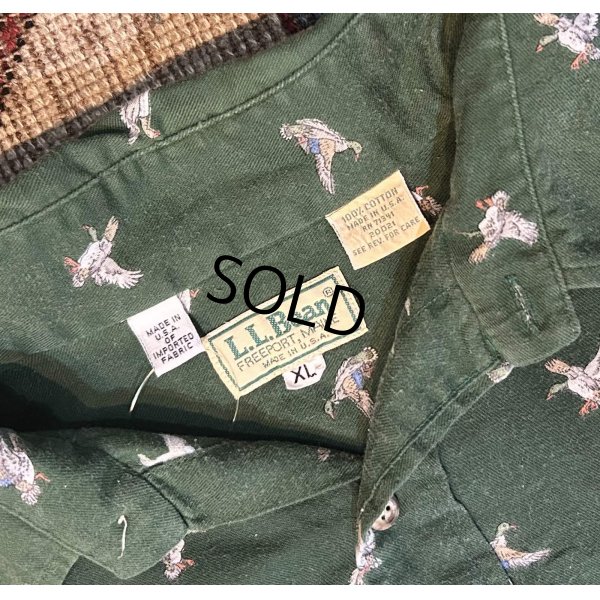 画像2: ~90's【USA製】ビンテージ【L.L.Bean 】【ＬＬビーン】【緑】【鳥総柄プリント】【コットンシャツ】【サイズＸＬ】 