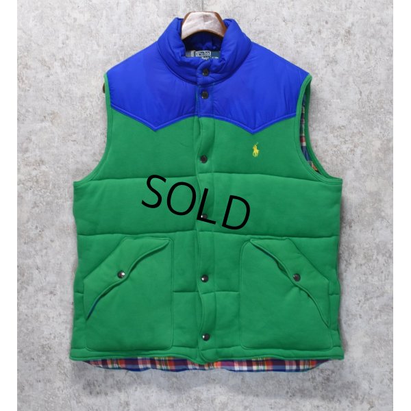 画像1: 【Ralph Lauren】【ラルフローレン】青ナイロンｘ緑スウェット【スウェットベスト】【ダウンベスト】ウエスタンヨーク【サイズＸＬ】 