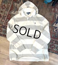 【POLO RALPH LAUREN 】ポロラルフローレン【フード付きラガーシャツ】【グレー×白ボーダー】【長袖ポロシャツ】【ラガーシャツ】【サイズXL】