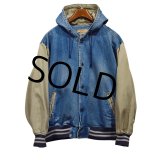 【ビンテージ】【ESSENTIALS】【エッセンシャルズ】【デニム×袖コットン】【スタジャン】フード付き【サイズＬ】 