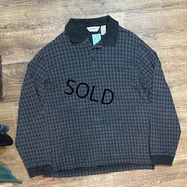 画像1: ビンテージ【Eddie Bauer】【エディーバウアー】【白タグ】【黒ｘグレー】【チェック】【長袖ポロシャツ】【サイズS】 