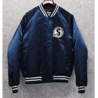 ~90's【USA製】【ビンテージ】【Chalk Line】【チョークライン】SOUTH WIRE【紺ｘリブ白ライン】【中綿入りサテンスタジャン】【サイズL】 