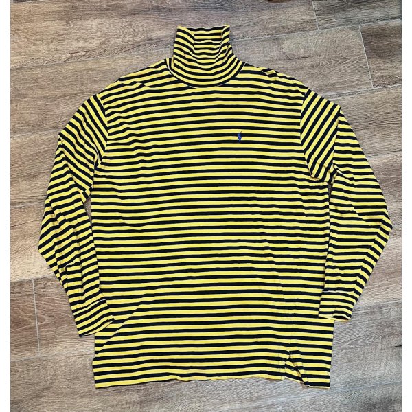 画像1: USA製【オールドラルフローレン】POLO RALPH LAUREN ビンテージ【黄色ｘネイビー】ボーダー【タートルネックロンT】【サイズL】 