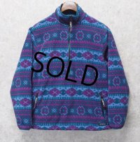 【L.L.Bean】ビンテージ【ＬＬビーン】ポーラテック【Windproof】紫×緑幾何学模様【ハーフジップフリース】サイズW-M